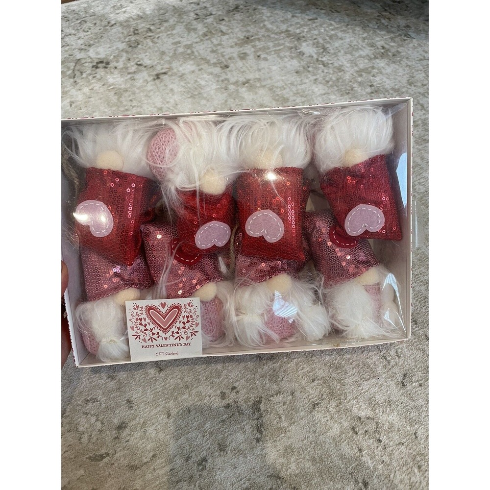 Valentines Day Gnome Sequin 6ft Garland Pink‎ Red NEW